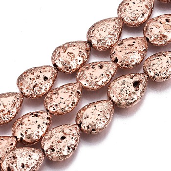Electroplated Natural Lava Rock Bead Strands, Bumpy, Teardrop, Rose Gold Plated, 15x11x5mm, Hole: 1.2mm, about 28pcs/strand, 15.75 inch(40cm)