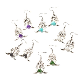 Woven Net with Natural Gemstone Dangle Earrings, Alloy Moon and Star Earrings for Women, 58mm, Pin: 0.7mm