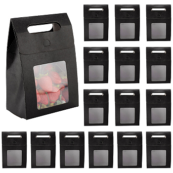 Folding Paper Gift Bags with Hole Handle and Plastic Visible Window, Black, 13.5x7.9x19.5cm