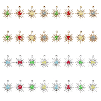 CHGCRAFT 32Pcs 8 Colors Alloy Enamel Pendants, with Crystal Rhinestone, Smiling Sun Charms, Mixed Color, 22.5x13x2.5mm, Hole: 2mm, 4pcs/color