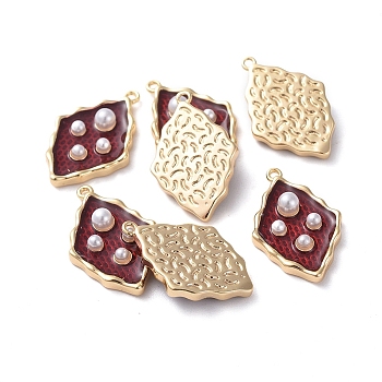 Enamel Pendants, with Brass Findings and Acrylic Pearl, Real 18K Gold Plated, Rhombus, Red, 19.5x12.3x4mm, Hole: 1mm