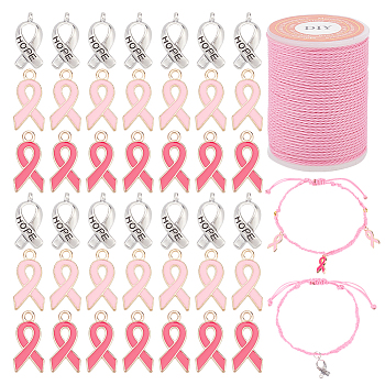 Elite 60Pcs 3 Style Alloy Enamel Pendants, October Breast Cancer Pink Awareness Ribbon Shape, with 11M Waxed Polyester Cord, Cancer Awareness Theme, Mixed Color, 20x10x2mm, 17x8x3mm, Hole: 2mm, 20Pcs/style