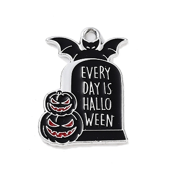 Halloween Alloy Enamel Pendants, Platinum, Tombstone with Pumpkin, 26x18.5x1.3mm, Hole: 2mm