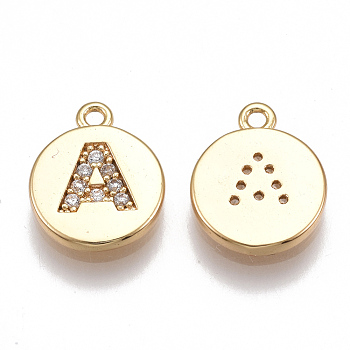 Brass Cubic Zirconia Charms, Flat Round with Letter, Nickel Free, Real 18K Gold Plated, Clear, Letter.A, 12x10x2mm, Hole: 1mm