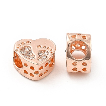 Rack Plating Alloy Rhinestone European Beads, Large Hole Beads, Heart with Footprint, Rose Gold, 10.5x11.5x7mm, Hole: 4.5mm