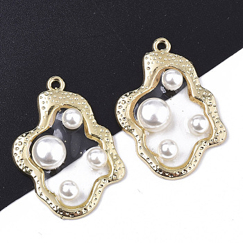 Epoxy Resin Pendants, with ABS Plastic Imitation Pearl and Light Gold Plated Alloy Open Back Bezel, Clear, 35x26x6mm, Hole: 1.5mm