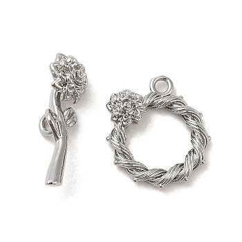 Brass Toggle Clasp, Flower, Real Platinum Plated, Ring: 17.5x16.5x4mm, Hole: 1.6mm; Bar: 22x8x8mm, hole: 1.8mm