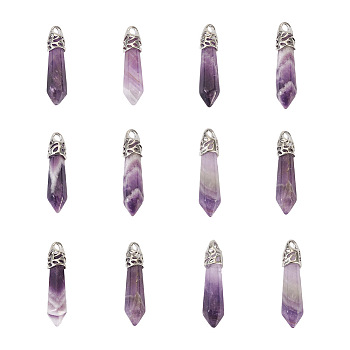 12Pcs Bullet Natural Amethyst Pendants, with Platinum Tone Brass Findings, 33~40x8~10mm, Hole: 2x3mm