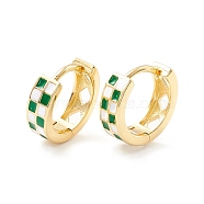 Tartan Pattern Enamel Chunky Hinged Huggie Hoop Earrings for Women, Real 18K Gold Plated Brass Jewelry, Cadmium Free & Nickel Free & Lead Free, Lime Green, 13x4mm, Pin: 1mm(EJEW-P196-22G-04)