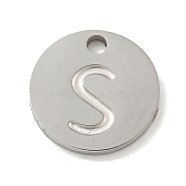 304 Stainless Steel Pendants, Laser Cut, Flat Round with Letter Charm, Stainless Steel Color, Letter S, 10x1mm, Hole: 1.4mm(FIND-M017-02P-S)