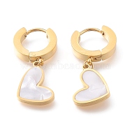 304 Stainless Steel Huggie Hoop Earrings, with Natural White Shell, Heart, Golden, 30.5mm, Pin: 1mm(EJEW-O098-10G)
