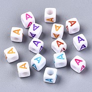 Acrylic Beads, Horizontal Hole, Cube with Mixed Color Letter, Letter.A, 6x6x6mm, Hole: 3mm(X-MACR-T009-12A)