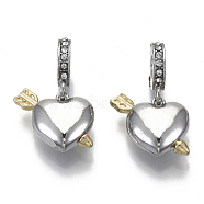 Alloy European Dangle Charms, with Crystal Rhinestone, Large Hole Pendants, Hollow Openable Heart with Arrow, Platinum & Golden, 25mm, Hole: 5mm, Heart: 16x16x6mm, Arrow: 20x5x3mm(MPDL-N039-007)