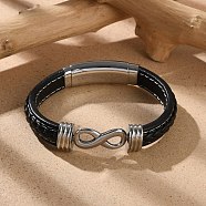 Braided Microfiber Leather Cord Bracelets for Men, with 316 Surgical Stainless Steel Polished Buckle and 304 Stainless Steel Finding, Infinity, Stainless Steel Color, 9-1/4 inch(23.5cm)(BJEW-Z081-07P-01)