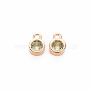Brass Charms, with Rhinestone, Nickel Free, Real 18K Gold Plated, Flat Round, Chrysolite, 8x5x3mm, Hole: 1.4mm(KK-S364-160D)