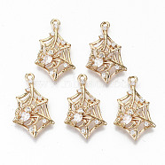 Brass Micro Pave Cubic Zirconia Pendants, Light Gold, Long-Lasting Plated, Cadmium Free & Lead Free, Spider Web with Spider, Clear, 24x14x5mm, Hole: 1.6mm(X-KK-S359-062-RS)