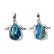 Dyed Natural Blue Banded Agate Pendants, Teardrop Charms with Rack Plating Platinum Plated Brass Wings, Cadmium Free & Lead Free, Cadmium Free & Lead Free, 22~22.5x24.5x8~9mm, Hole: 7x5mm(G-C114-05P-07)