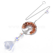 Natural Red Agate Big Pendants, with Platinum Brass Chain Extender and Findings, Plating Glass Teardrop & Flower, Clear AB Color, Flat Round with Tree of Life, 140mm, Hole: 3.5x5.5mm(G-N333-009B)