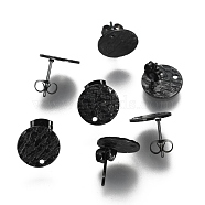 304 Stainless Steel Stud Earring Findings, with Ear Nuts/Earring Backs & Loop, Textured, Flat Round , Electrophoresis Black, 12mm, Hole: 1.4mm, Pin: 0.8mm(STAS-I157-11B-B)