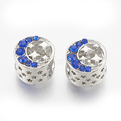 Alloy Rhinestone Beads, Hollow, Large Hole Beads, Flat Round with Moon and Star, Sapphire, Platinum, 12x11x10mm, Hole: 5.5mm(PALLOY-T048-06P)