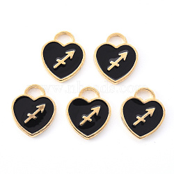 Light Gold Plated Alloy Enamel Pendants, Constellations, Black Heart, Sagittarius, 14x12x1.8mm, Hole: 4mm(ENAM-R136-30-24)