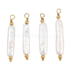 Natural Baroque Keshi Pearl Pendants, Rectangle Charms, with 304 Stainless Steel Findings, Ion Plating(IP), White, Real 18K Gold Plated, 34~38x5~6.5x3~5mm, Hole: 2.5mm(PA-CBA0A45-02G)