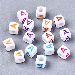 Acrylic Beads, Horizontal Hole, Cube with Mixed Color Letter, Letter.A, 6x6x6mm, Hole: 3mm(X-MACR-T009-12A)