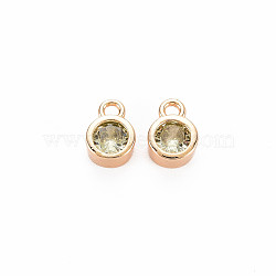 Brass Charms, with Rhinestone, Nickel Free, Real 18K Gold Plated, Flat Round, Chrysolite, 8x5x3mm, Hole: 1.4mm(KK-S364-160D)