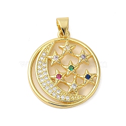 Rack Plating Brass Micro Pave Cubic Zirconia Pendants, Cadmium Free & Lead Free, Long-Lasting Plated, Flat Round with Moon & Star, Real 18K Gold Plated, 23x20x3.5mm, Hole: 4.5x3.5mm(KK-P279-19G)