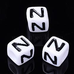 Acrylic Horizontal Hole Letter Beads, Cube, Letter N, White, Size: about 7mm wide, 7mm long, 7mm high, hole: 3.5mm, about 2000pcs/500g(PL37C9129-N)