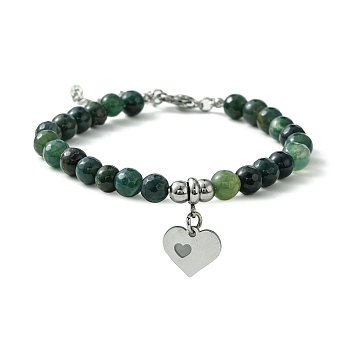 Natural Moss Agate Beaded Bracelets, Heart 304 Stainless Steel Charms Bracelets for Women, 6-7/8 inch(17.55cm)