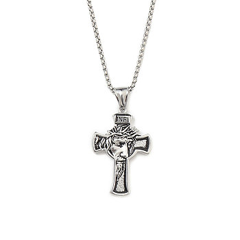 201 Stainless Steel Pendant Necklaces, Cross, Antique Silver, 23.62 inch(60cm)