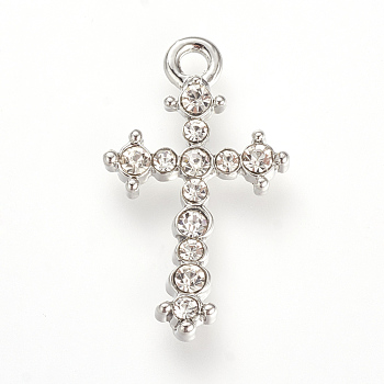 Alloy Rhinestones Pendants, Cross, Platinum, 26x15x3mm, Hole: 2mm