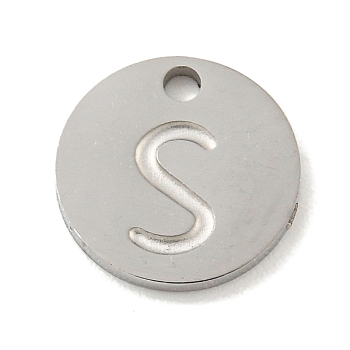 304 Stainless Steel Pendants, Laser Cut, Flat Round with Letter Charm, Stainless Steel Color, Letter S, 10x1mm, Hole: 1.4mm