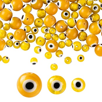 3 Strands 3 Style Handmade Evil Eye Lampwork Round Bead Strands, Yellow, 6~10mm, Hole: 1mm, about 39~65pcs/strand, 14.17~14.96 inch(36~38cm), 1 strand/style