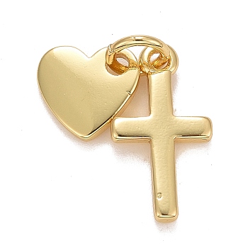 Rack Plating Real 18K Gold Plated Brass Pendants, with Jump Rings, Long-Lasting Plated, Lead Free & Cadmium Free, Cross & Heart, Real 18K Gold Plated, 17mm, Jump Ring: 4.6x0.8mm, 3mm Inner Diameter, Heart: 8x8x1mm, Cross: 15x8x1.5mm