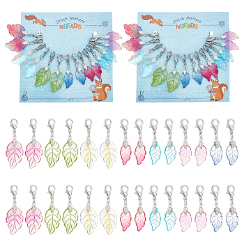 Leaf Pendant Stitch Markers, Transparent Glass with Glitter Powder Crochet Lobster Clasp Charms, Locking Stitch Marker with Wine Glass Charm Ring, Mixed Color, 3.7~4.2cm, 7 style, 2pcs/style, 14pcs/set, 2 sets/box