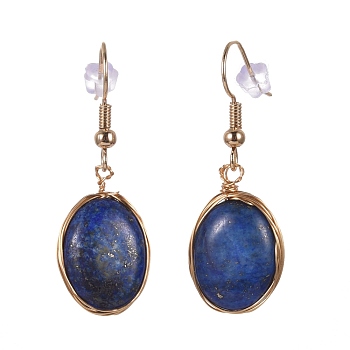 Wire Wrapped Natural Lapis Lazuli Dangle Earrings, with Golden Plated Brass Earring Hooks and Plastic Ear Nut, Oval, 38~39mm, Pin: 0.7mm
