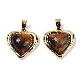 Brass with Tiger-Eye Pendants, Heart, Real 18K Gold Plated, 15.5x15.5x5.5mm, Hole: 4x2mm