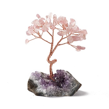 Natural Rose Quartz Tree Display Decoration, Druzy Amethyst Base Feng Shui Ornament for Wealth, Luck, Rose Gold Brass Wires Wrapped, 45~52x69~75x93~107mm
