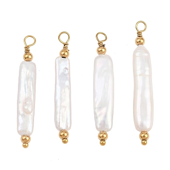 Natural Baroque Keshi Pearl Pendants, Rectangle Charms, with 304 Stainless Steel Findings, Ion Plating(IP), White, Real 18K Gold Plated, 34~38x5~6.5x3~5mm, Hole: 2.5mm