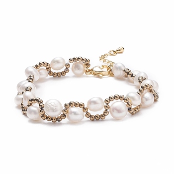 Natural Pearl & Glass Braided Beaded Bracelet, Wire Wrap Jewelry for Women, Floral White, 6-7/8~7-3/8 inch(17.6~18.8cm)