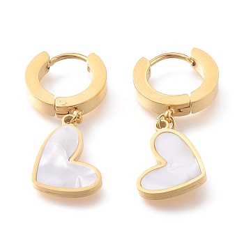 304 Stainless Steel Huggie Hoop Earrings, with Natural White Shell, Heart, Golden, 30.5mm, Pin: 1mm