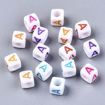Acrylic Beads, Horizontal Hole, Cube with Mixed Color Letter, Letter.A, 6x6x6mm, Hole: 3mm