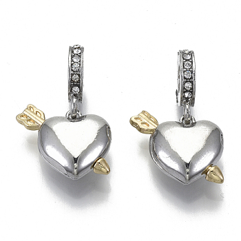 Alloy European Dangle Charms, with Crystal Rhinestone, Large Hole Pendants, Hollow Openable Heart with Arrow, Platinum & Golden, 25mm, Hole: 5mm, Heart: 16x16x6mm, Arrow: 20x5x3mm