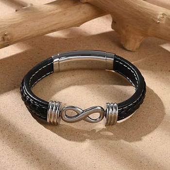 Braided Microfiber Leather Cord Bracelets for Men, with 316 Surgical Stainless Steel Polished Buckle and 304 Stainless Steel Finding, Infinity, Stainless Steel Color, 9-1/4 inch(23.5cm)