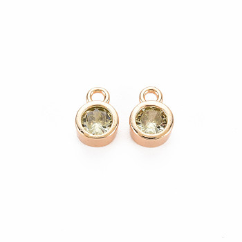 Brass Charms, with Rhinestone, Nickel Free, Real 18K Gold Plated, Flat Round, Chrysolite, 8x5x3mm, Hole: 1.4mm