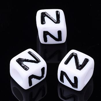 Acrylic Horizontal Hole Letter Beads, Cube, Letter N, White, Size: about 7mm wide, 7mm long, 7mm high, hole: 3.5mm, about 2000pcs/500g