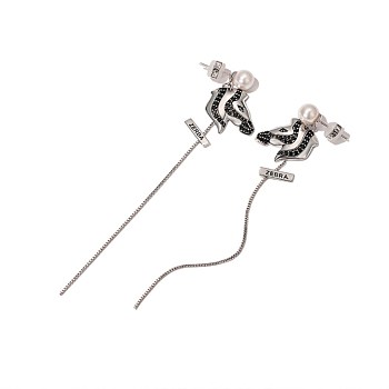 Brass Tassel Ear Studs, with Micro Pave Cubic Zirconia, Zebra, Platinum, 103mm, Pin: 0.9mm