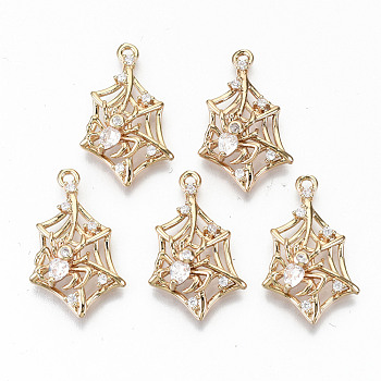 Brass Micro Pave Cubic Zirconia Pendants, Light Gold, Long-Lasting Plated, Cadmium Free & Lead Free, Spider Web with Spider, Clear, 24x14x5mm, Hole: 1.6mm